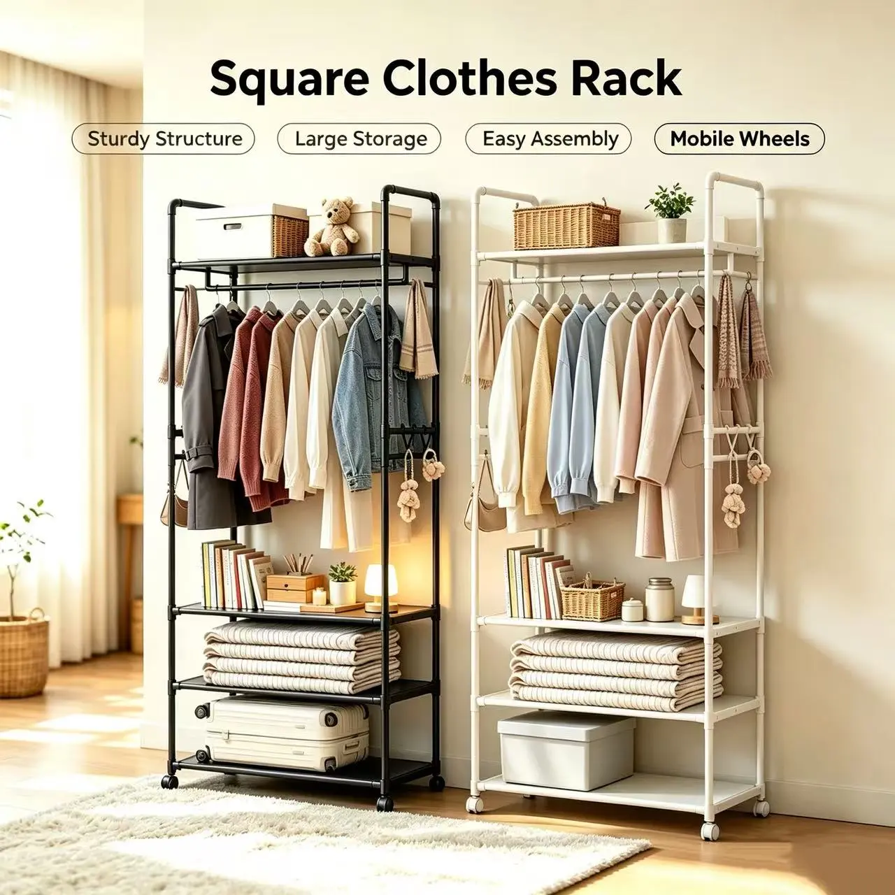 Multi-Layer Rolling Garment Rack with Top Shelf & Side Hooks, 4-Tier Freestanding Movable Clothes Storage Organizer with Universal Wheels, Heavy Duty Clothing Display Rack for Bedroom Entryway Apartment Dorm, Versatile Coat Shoe Bag Storage Stand