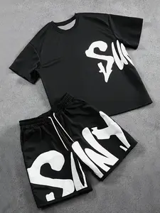 American-style Oversized Letter Print Sports Set: Summer Couple's Set with Loose-Fit Short-Sleeve Top and Shorts