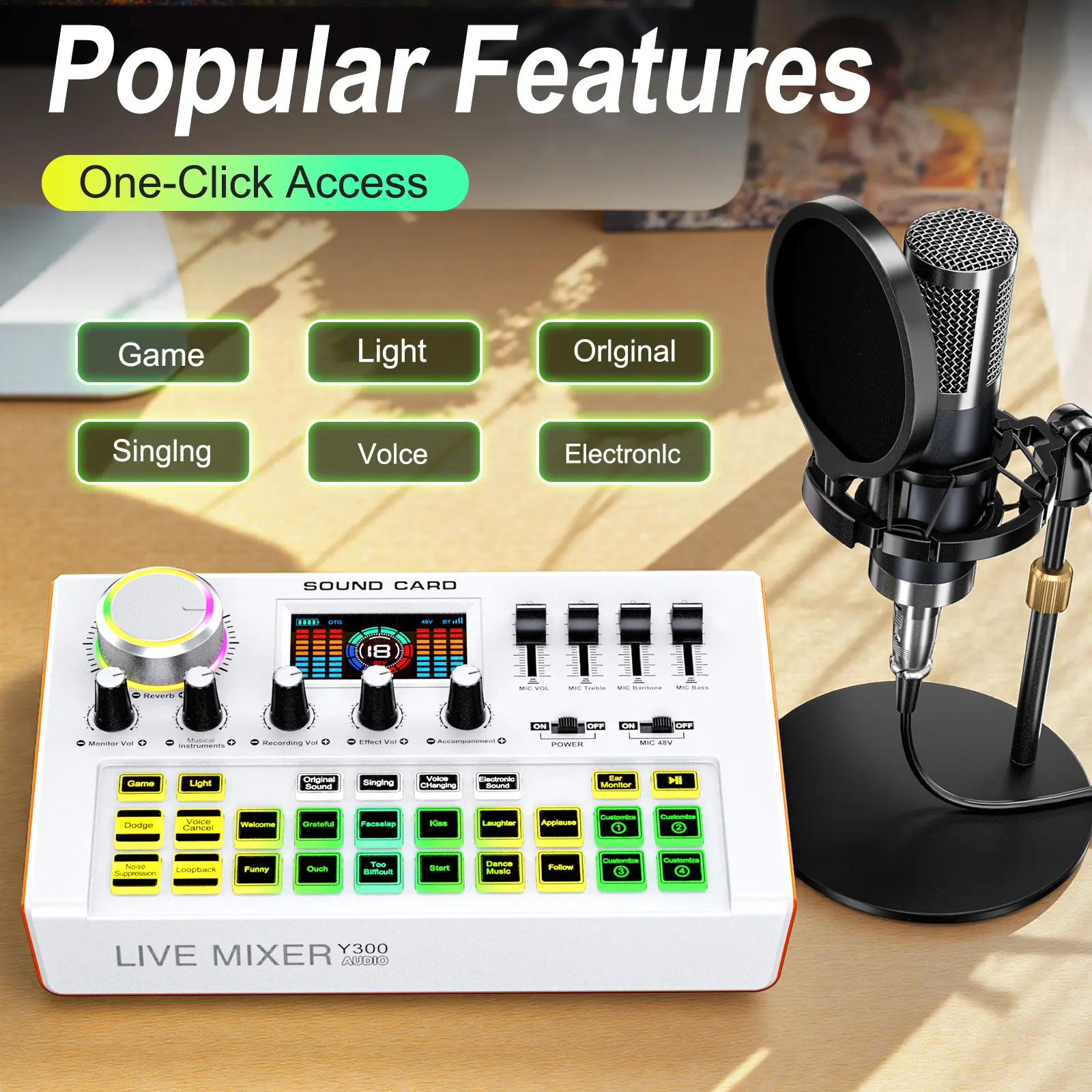 Y300 Podcast Audio Mixer Kit includes a P15 microphone, one-button