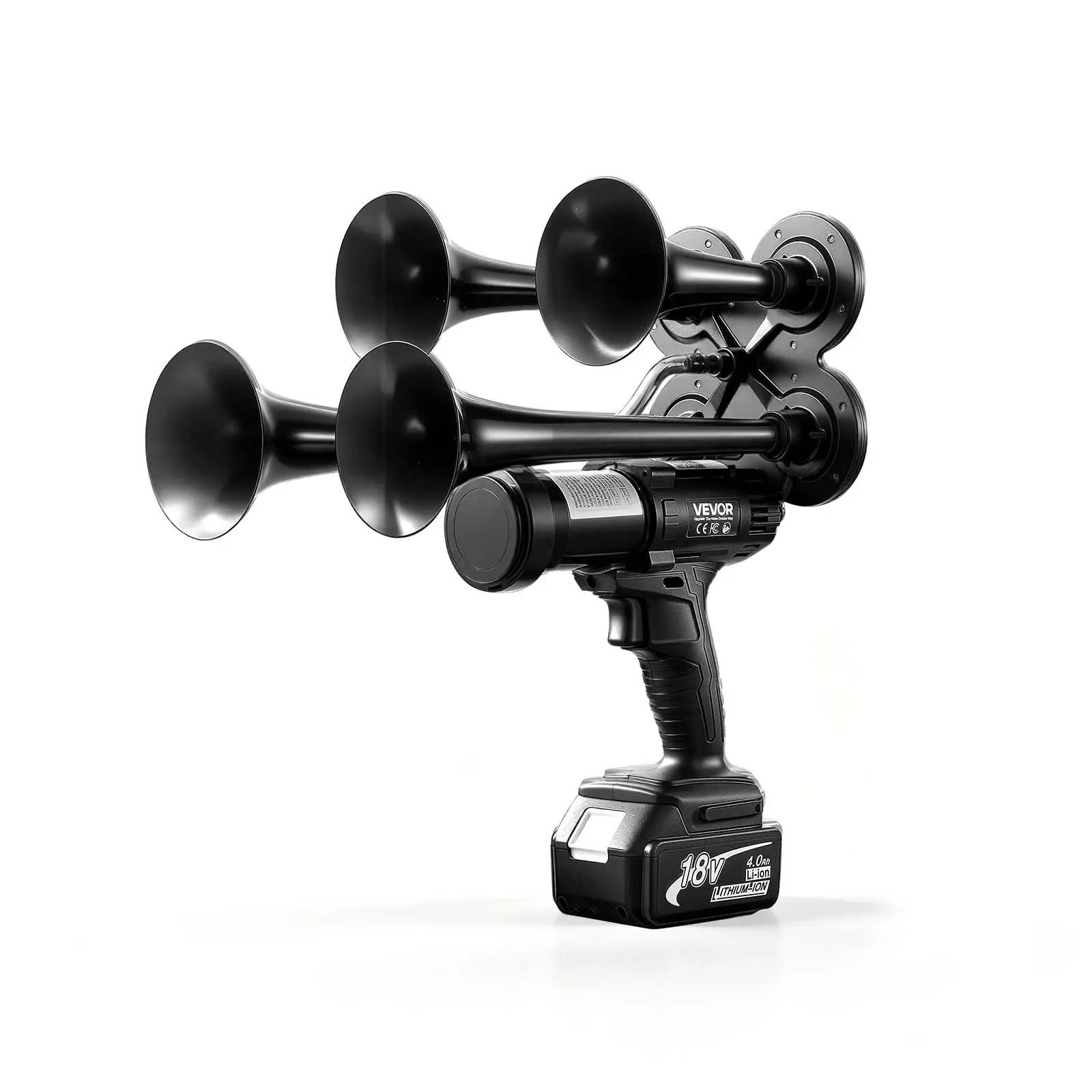 【BackToSchool】VEVOR Cordless 4-Trumpet Air Horn 130dB Train Air Horn & Built-in Air Pump, 18V 4Ah Lithium Battery, Powerful Sound, Strong Penetration, Handheld Portable for Vehicle Alerts, Holiday & Sporting Events