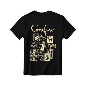 Coraline Cat Doll Graphic T-Shirt Soft Cotton Hip Hop Streetwear Casual Loose Fit Short Sleeve Round Neck Black with Golden Illustration Perfect for Valentine's Day & Easter Allseason Apparel Hip Hop Fashion Printed Tshirt