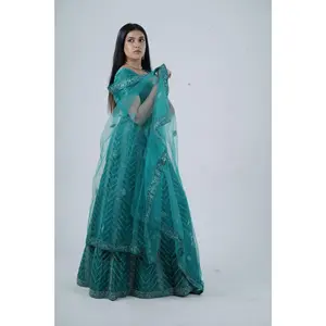 Dazzling  Stone Work Designer Soft Net Lehenga with Crop Top