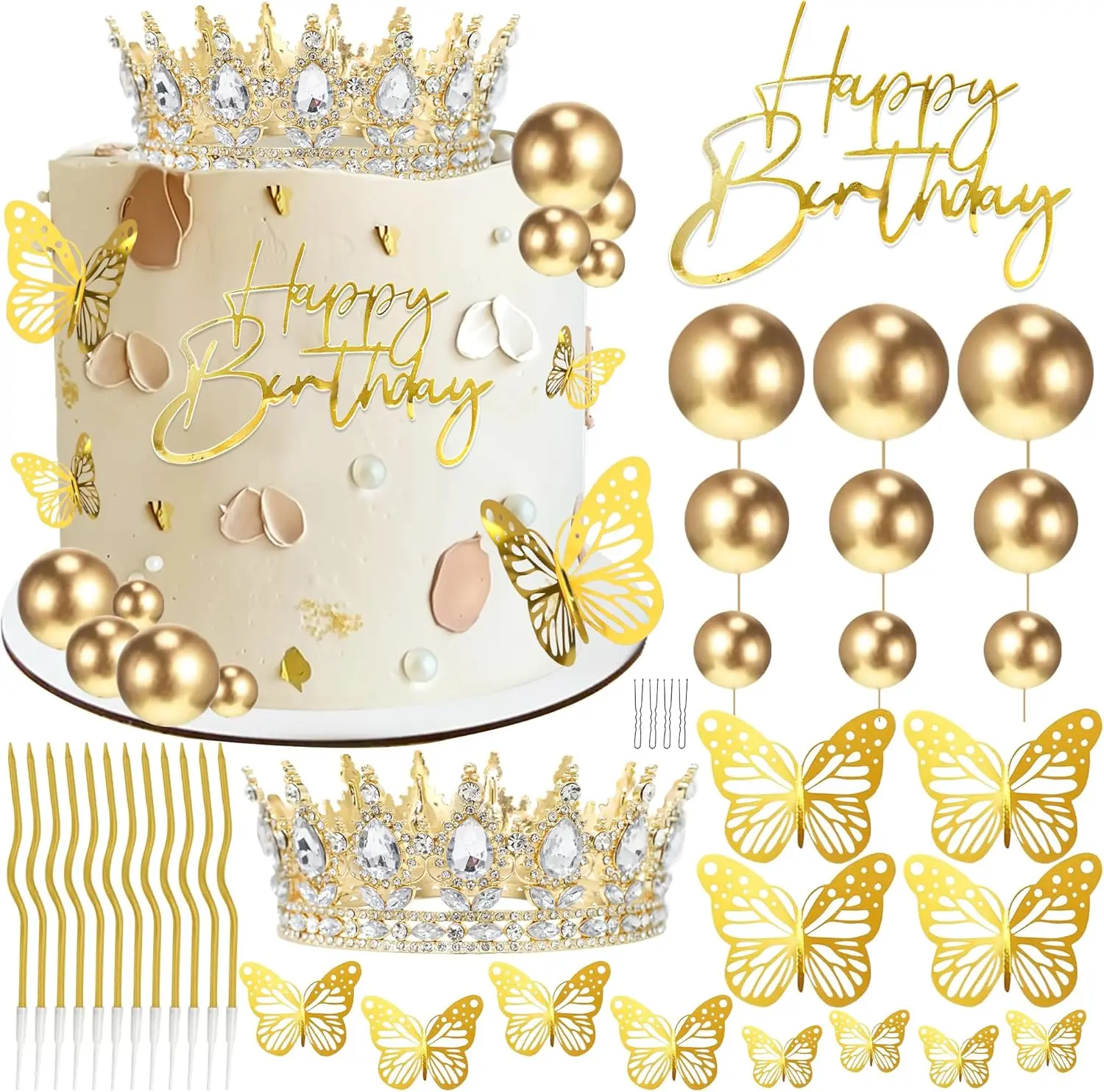 52PCS Birthday Crown Cake Topper, Cake Decorations with Happy Birthday Cake Topper, Balls, Golden Butterflies,for Women, Princess, Wedding Party Decor