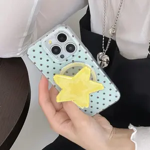 Magnetic Double-Layer Coffee Polka Dot Large Star Stand for iPhone 16 Pro Max, 15 Pro Max, 14 Pro, 13 Pro Cases, Stylish and Simple Women's Phone Case