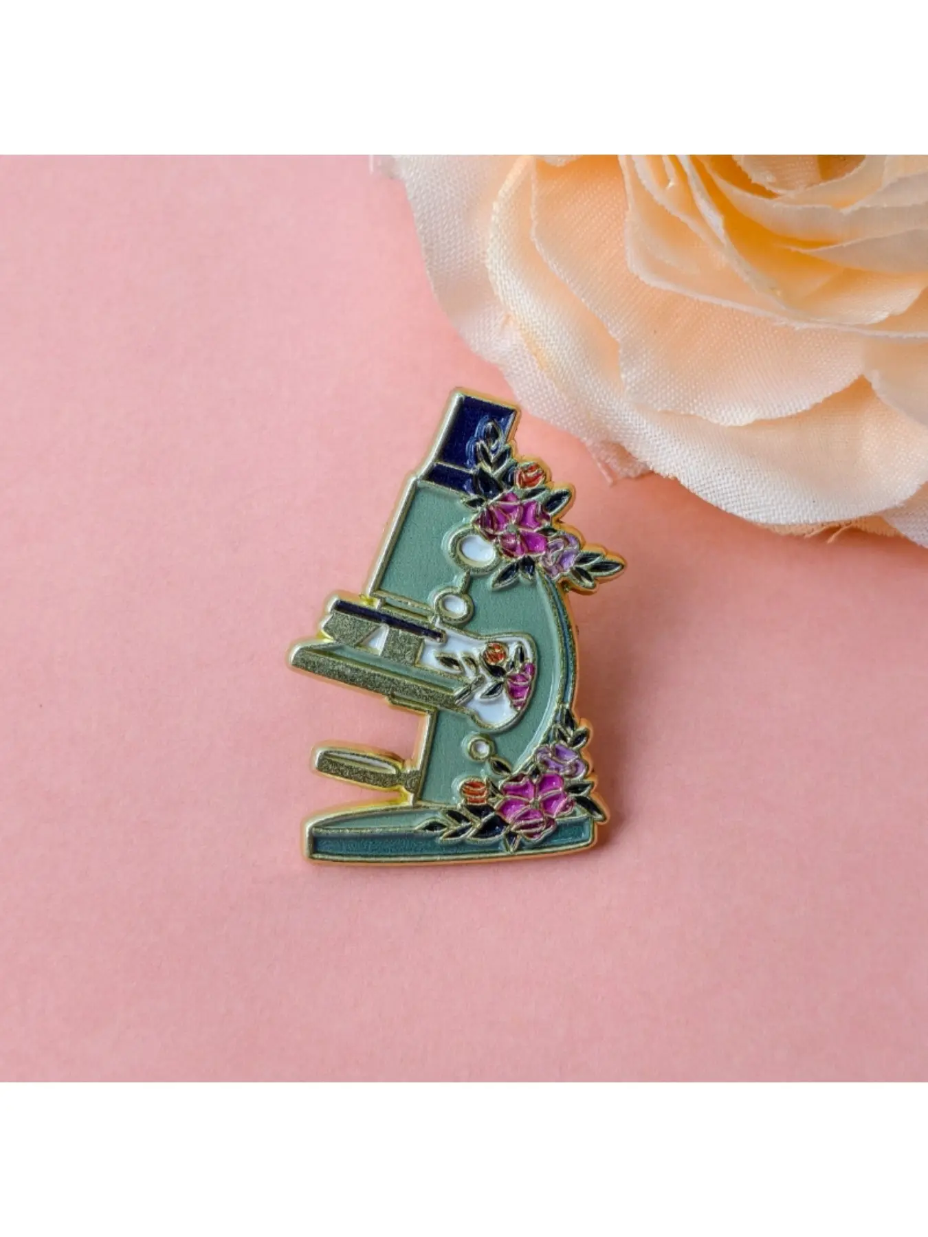 Floral Microscope Enamel Pin Green Body with Pink Flowers Lapel Pin for Lab Coats