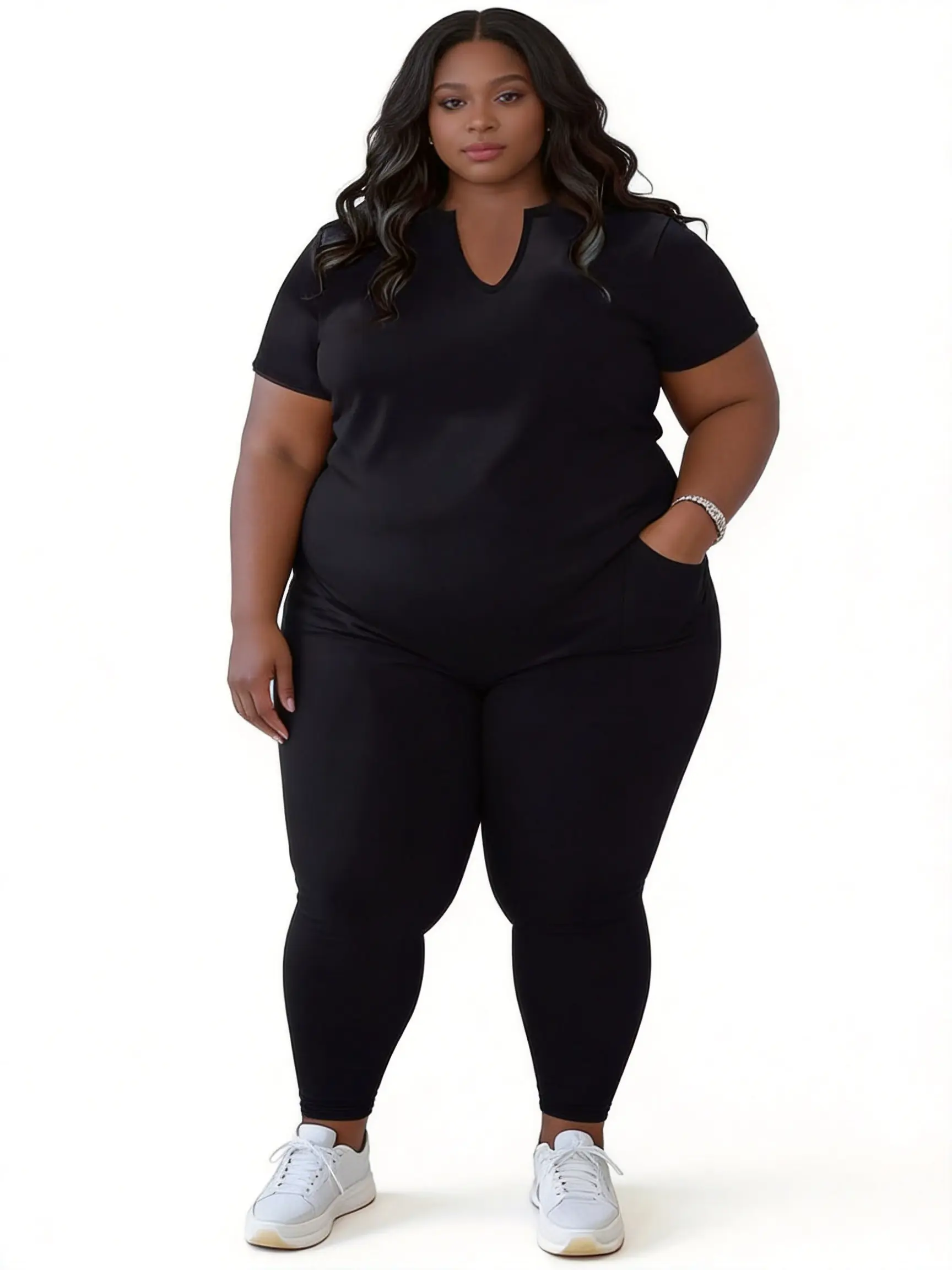 Women's Plus-Size 2-Piece Sporty Style Outfits, Soft Stretchy Polyester-Spandex Blend Activewear Set with Round Neck T-Shirt & Elastic Waist Long Pants, Relaxed Fit Thermal-Lined Workout Gym Clothing for Summer Lounging, Training Clothes, 2 Piece Sets, Pl