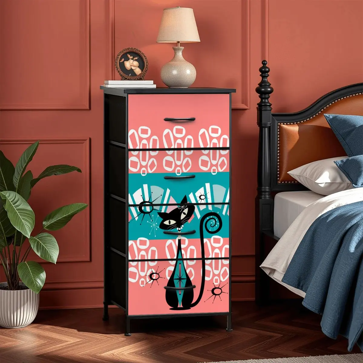 Mid Century Modern Coral, Teal Kitschy Mod Cat Design 4-Drawer Dresser