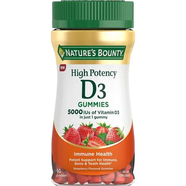 Nature’s Bounty Vitamin D 5000 IU Gummies, Vitamin D3 High Potency Immune Support & Bone Health Supplement, 5000 IU in 1 Gummy, Strawberry Flavor, 2 month Supply, 60 Vegetarian Gummies for Adults
