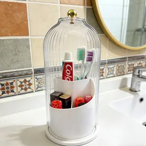 360° Rotating 3 Slots Toothbrush Holder With SlidingLid,Dustproof Bathroom Countertop Organizer,Non-Slip BaseToothpaste & Makeup Brushes Storage Caddy,Space-SavingVanity Counter Organizer For Bathroom Sink,White&Grey