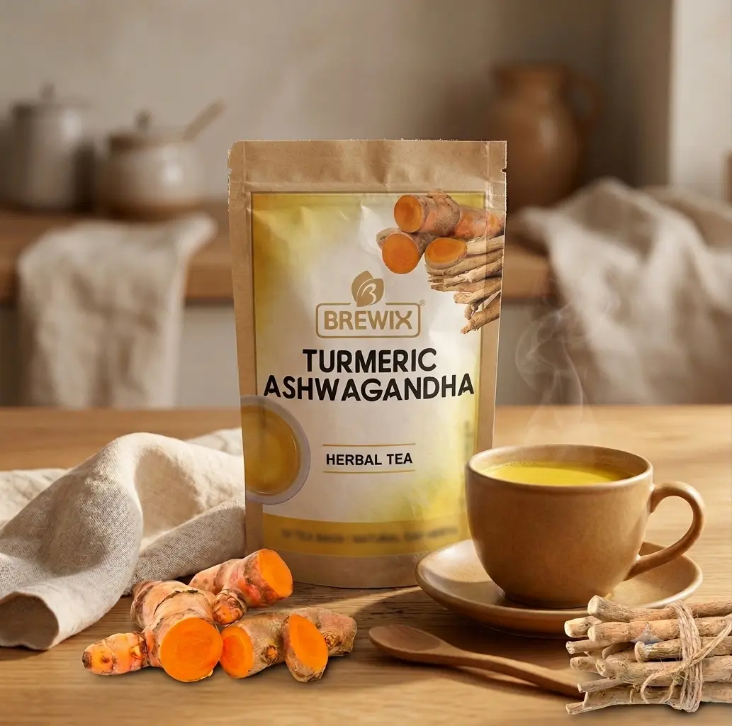 BREWIX Turmeric Ashwagandha Tea Bags | Adaptogen Tea to Help Manage Everyday Stress | Caffeine-Free Golden Herbal Tea | 20-50 Bags Beverage