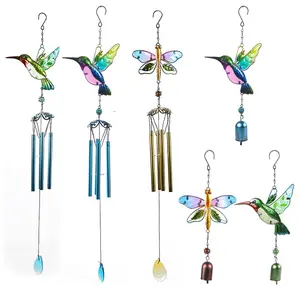 Hummingbird Wind Chime — Painted Metal & Glass Art Ornament | Aluminum Tube Bell | Home & Garden Hanging Decor