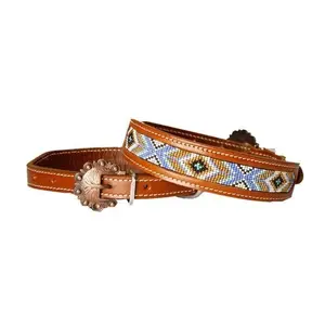 Leather Dog Collar with periwinkle, mint, white, and gold beaded inlay design