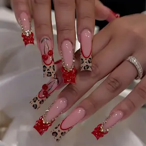 US-NAIL - 24Pcs Long Square Press on Nails Leopard Print French 3D Cherry Design False Nail Rhinestone Wearable Full Cover Fake Nails Tips