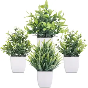 4 Packs Small Artificial Greenery Mini White Potted  Bathroom Accessories Decorations for Desk Bathroom Office  Room Kitchen Table Indoor