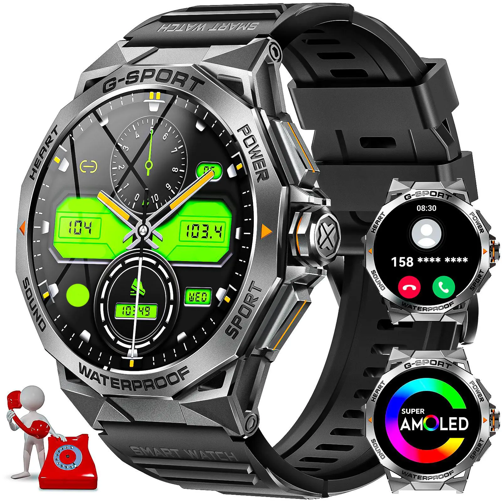 EIGIIS Men's Multifunctional Smart Watch - AMOLED Screen Android Wearable, Wireless Phone Call, Message Notifications, 178 Multi-Sports Modes, Magnetic Charging, Music Player, Voice Control, Smartwatch Accessories, Wearable Tech Outdoor Gift