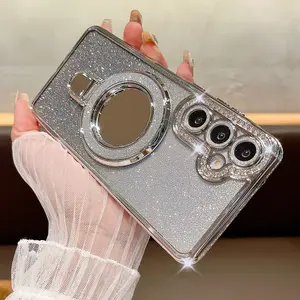 Glitter Magnetic Mirror Stand Holder Case Protector For Samsung A06 A16 A26 A36 A56 A14 A34 A54 A55 A15 A24 A25 A35 5G Shockproof Cover, Accessories