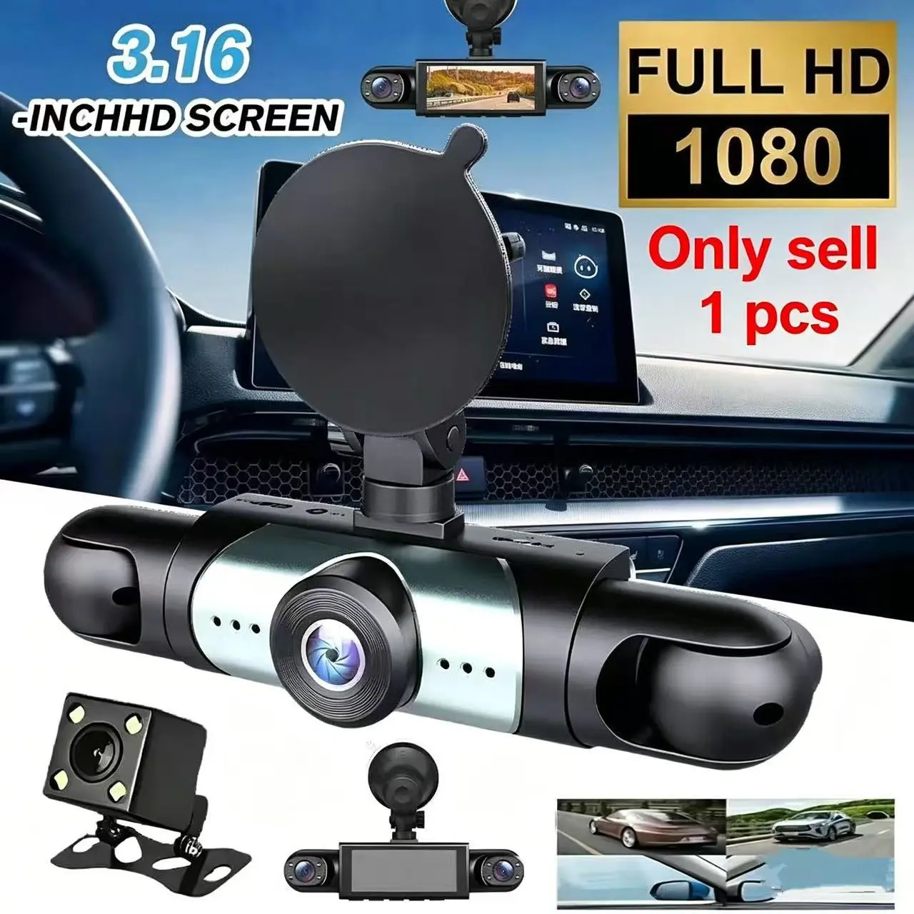 4-Channel Car Dash Cam, Multi Camera Dashcam, 1080P Dvr with 64GB SD Card, Night Vision, Parking Mode, 3.16-Inch Screen, Front Rear Side Cameras