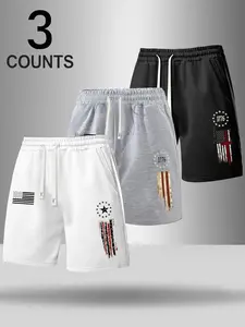Men's 3-Piece Set Flag Series Print Drawstring Waist Shorts, Summer Casual Sweatshirt Fabric Shorts, Outdoor Beach Sportswear