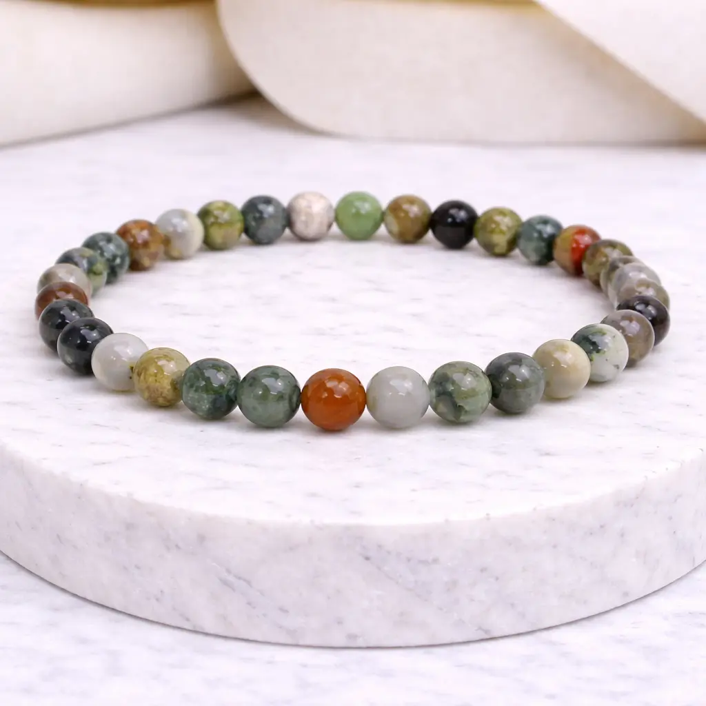 Indian Agate Bracelet 6mm Natural Crystal Beads for Grounding, Protection & Stability Handmade Healing Energy Jewelry
