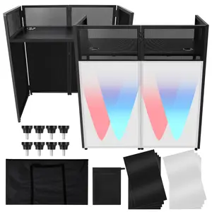 Garvee Portable DJ Facade Booth with Foldable Metal Frame and Adjustable Feet, 52"L x 48"H x 26"W DJ Table Stand Featuring White & Black Scrim for Parties and Events