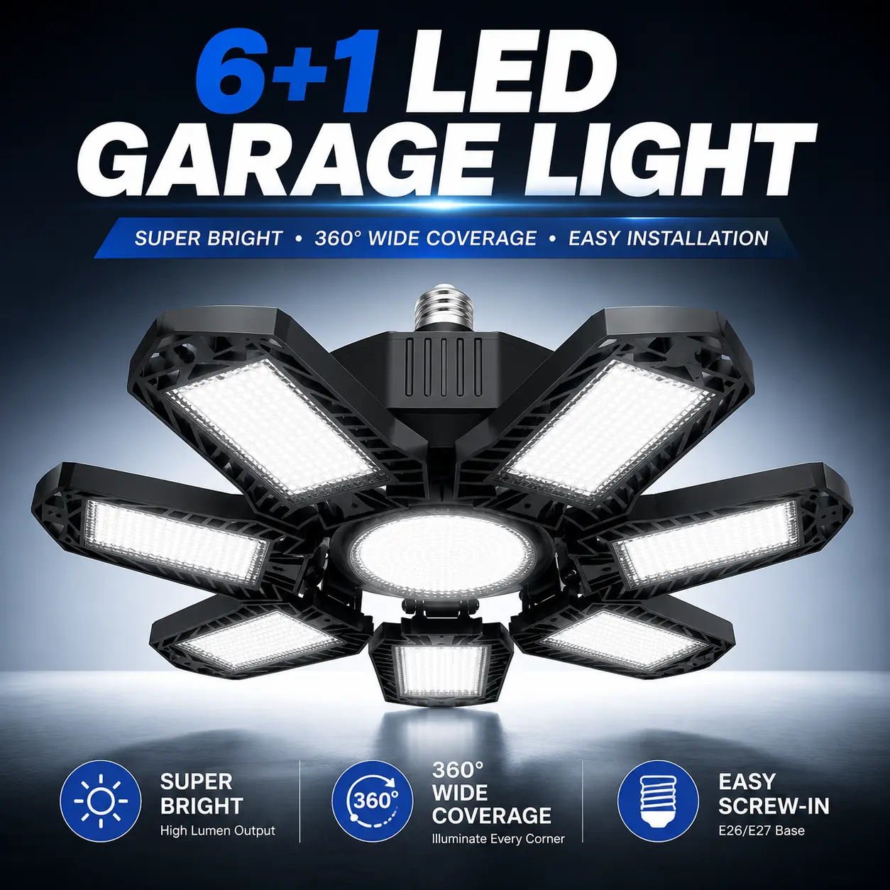 Foldable Garage Ceiling LED Light – 7+1 Deformable Super Bright Shop Bulb , 6500K Daylight White | Ultra-Wide Coverage Industrial Lighting for Garage, Warehouse, Barn, Workshop & Basement | Easy Install Energy-Saving Work Light
