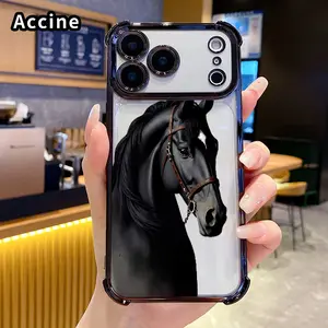 Four Corners Phone Case for iPhone 17 16 Pro Max 15 Plus 14 13 12 11 E Air Noble Black Steed Pattern Anti-drop Cellphone Protective Durable Total Coverage Shockproof Phone Cover