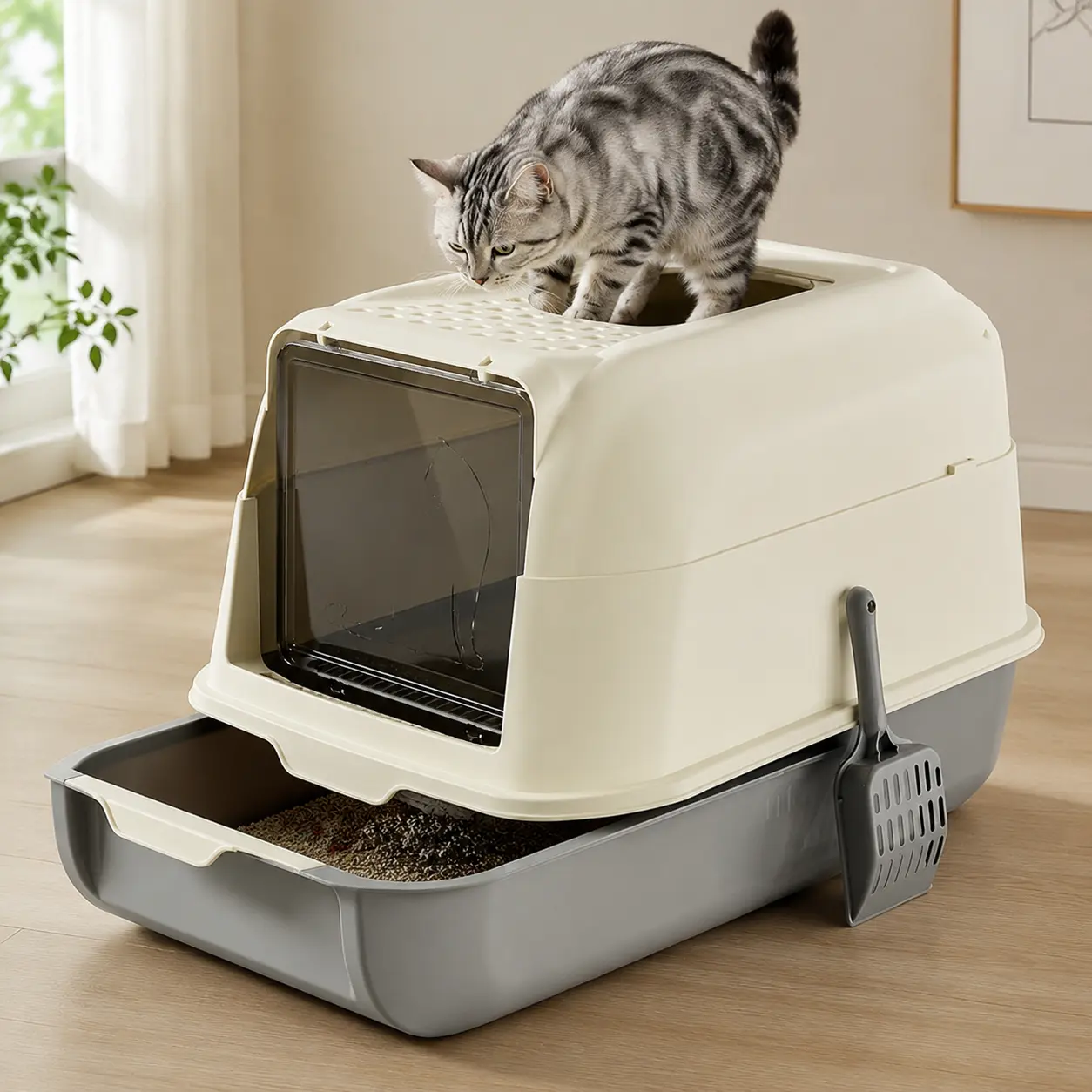 Fully Enclosed Drawer-Style Cat Litter Tray, 2 Entrances, Anti-Spill, Mess-Free, Odor Lock, Large Capacity, Side-Hanging Scoop Holder - Suitable for Home Use, Short-Haired Cats