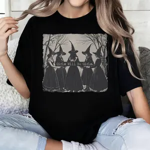 100% Cotton Vintage Girls Will Be Girls Witch Shirt, Funny Witch T-shirt for Women Girls, Vintage Halloween Women Shirt, Witchy Vibes Tee