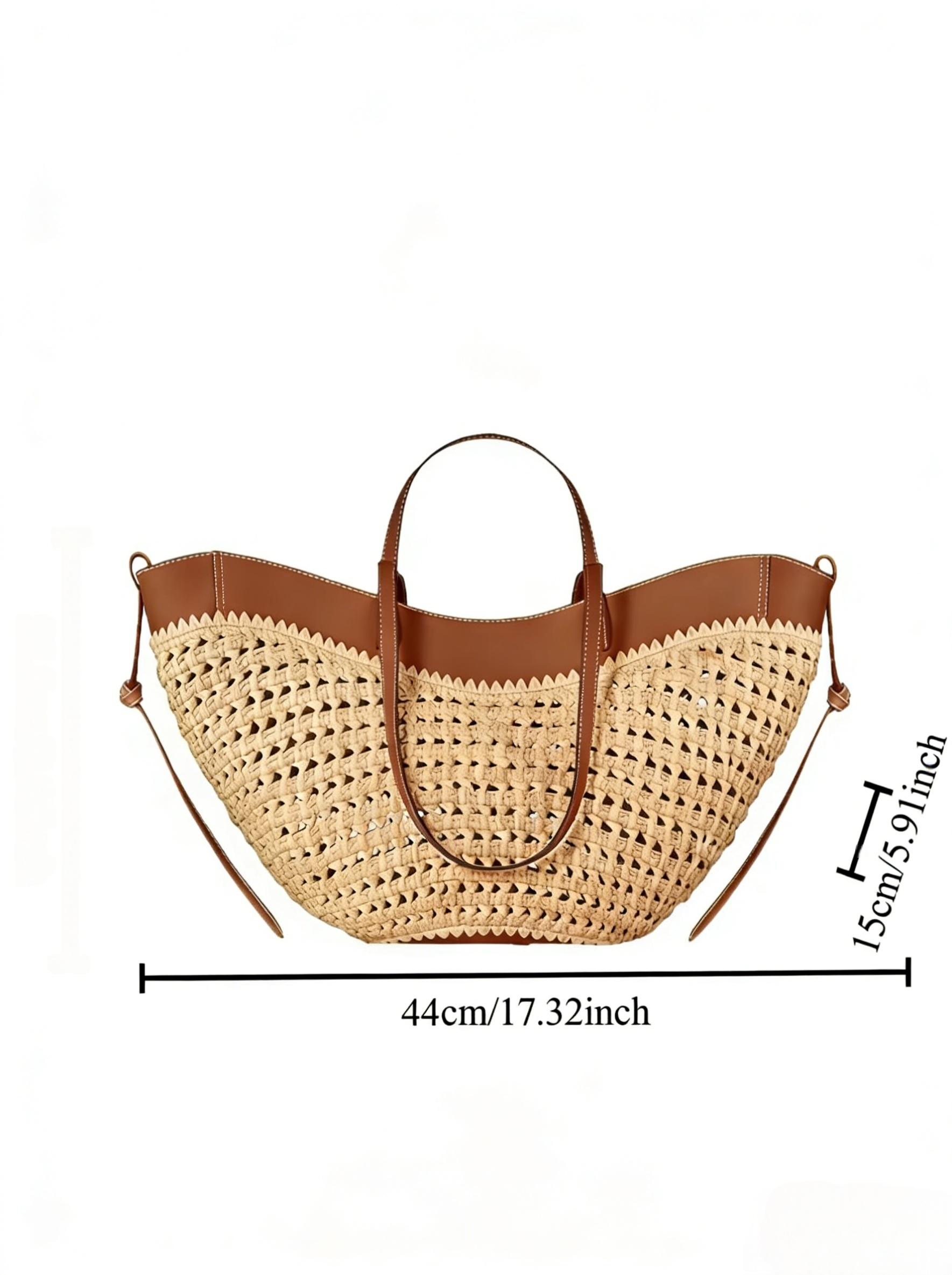 Hollow-out raffia and leather everyday bag, lightweight