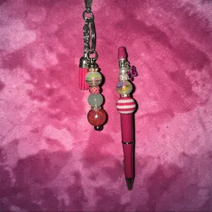 Hot Pink Dangly Crystal Butterfly Pen and Keychain Set with Beaded Accents and Charm