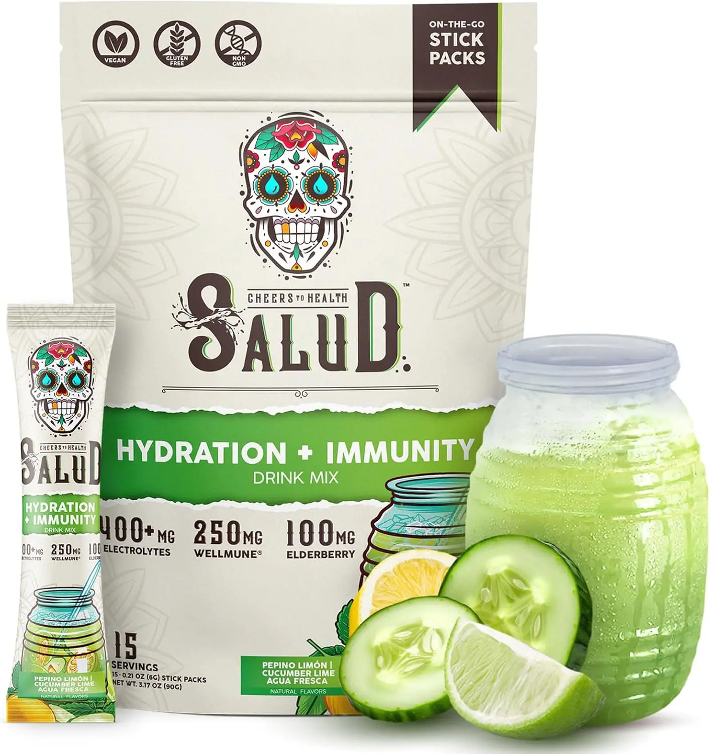 Salud 2-in-1 Hydration Packets + Immunity Electrolytes Powder, Cucumber Lime - Agua Fresca Drink Mix, Elderberry, Dairy & Soy Free, Non-GMO, Gluten Fr