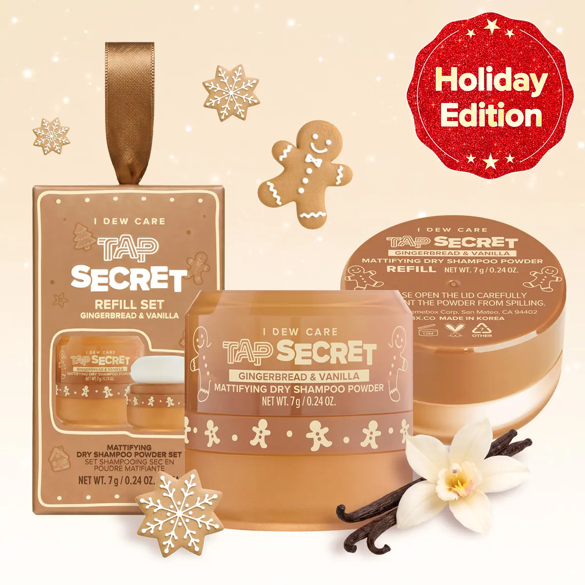 I DEW CARE Tap Secret Gingerbread & Vanilla Holiday Edition Refill Set | Benzene-Free, Non-Aerosol Dry Shampoo Powder with Black Ginseng & Biotin