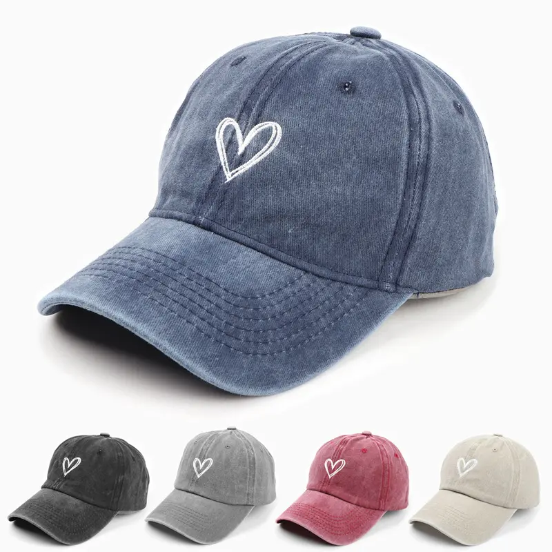 Vintage Washed Denim Baseball Cap - Unisex Embroidered Heart Snapback, Adjustable Strap, 1-Size Fit, Personalized Dad Hat, Trendy Hat, for Spring Summer Streetwear & Outdoor Wear, Heart Embroidery, Casual, Cotton, Adults, Sporty Chic tiktokshopbacktoschoo