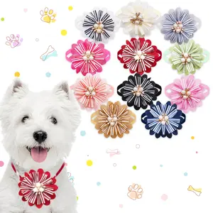 Pet Collars 30pcs Summer Pearl Diamond Flower Dog Bow Ties Puppy Cat Collars Pet Grooming Accessories Handmade Bulk Adjustable Pet Neckties For Dogs Bulk