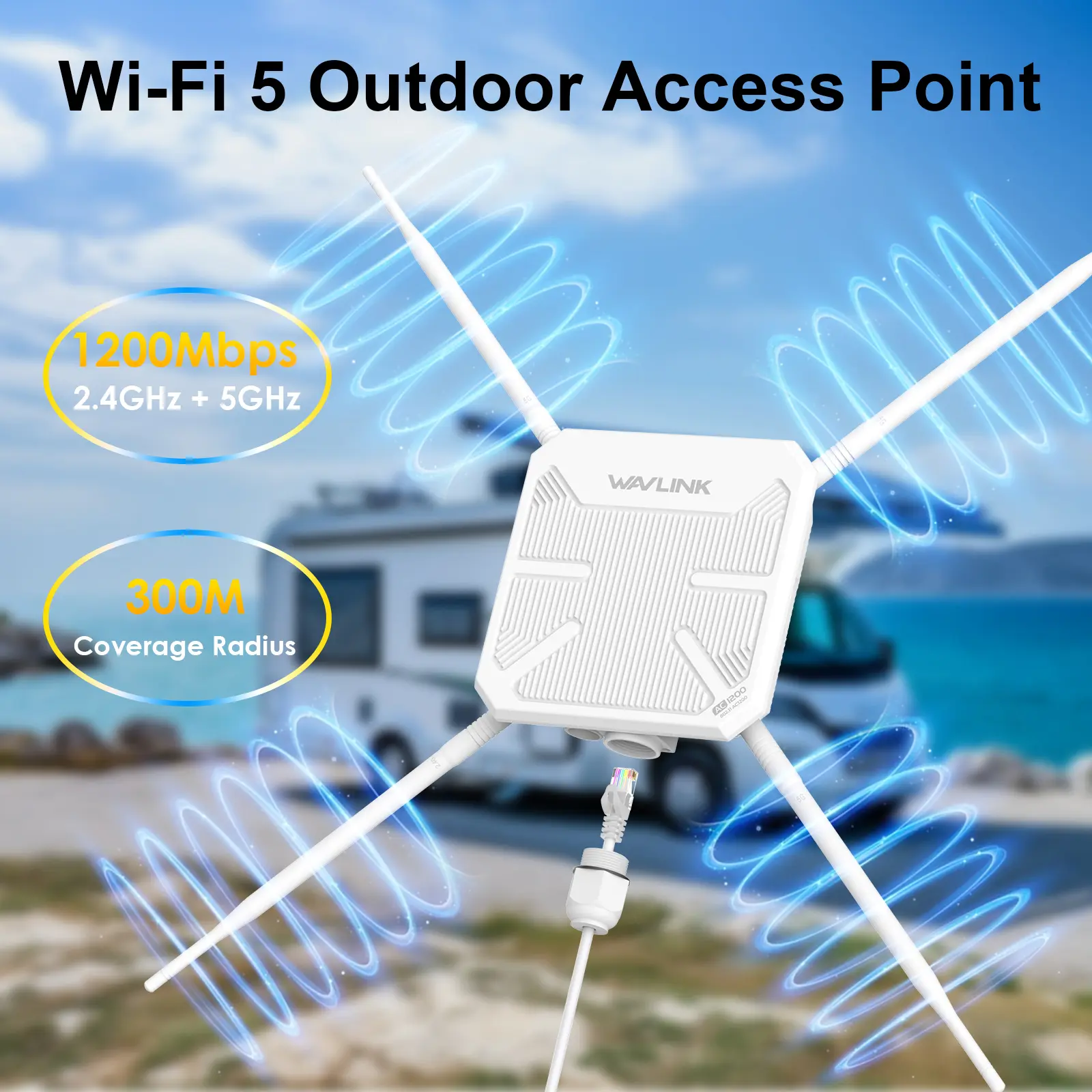 WAVLINK AC1200 WiFi Connected Outdoor Smart Wi-Fi Extender Repeater, 2025 Long Range Dual Band Repeater, 4x7dBi Omni Antennas, PoE, Gigabit Ethernet Port, AP/Mesh Modes for Courtyard, Backyard, Wi-Fi Extender Repeaters