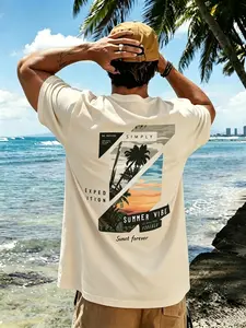 Men's Plus Size Graphic Printed T-Shirt, Beachside Tropical Casual Summer Wear, Loose Fit Short Sleeve Top, Ideal for Vacation and Relaxation
