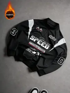 Men's Racing Stripe Half-Zip Fleece Jacket, Warm Breathable Coat with Speed Chasing Pattern, Casual Motorsport Style