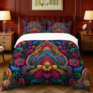 3-Piece Bohemian Bedding Set, 1 Duvet Cover & 2 Pillowcases, Indoor Use, Vibrant Indian Ethnic Design for Bedroom Decor