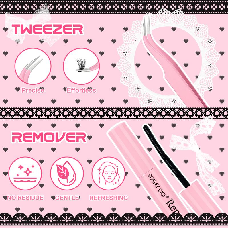 SOSIAY CICI DIY Lash Extensions Kit 320pcs 40D Individual Lashes Clusters 9-16mm with Applicator Lash Bond Seal & Remover Glue Mix for Flawless At Home Application