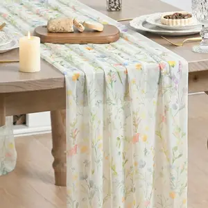 Floral Spring Boho White Chiffon Table Runner 120 Inches 10FT,Seasonal Fabric Kitchen Dining Holiday Table Decor for  Party