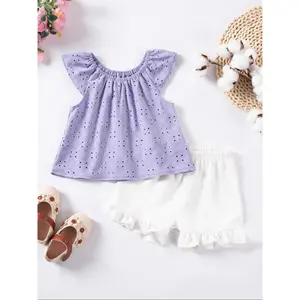 Two-piece Set Toddler Girl's Solid Ruffle Trim Tee & Pants Set, Cute Casual Round & Trousers Outfit Daily Wear, Kids Clothing Summer, Baby Clothing, Clothes