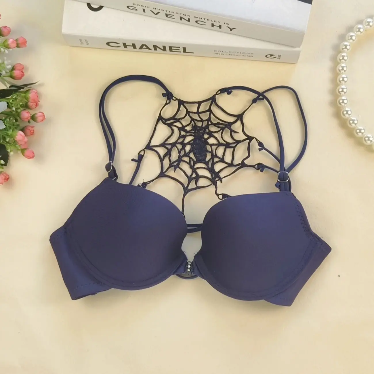 Women's Sexy Halter Bralette with Spider Web Lace, Front Buckle Closure, Gathered Cups, and Statement Beauty Back Style, Lady, Elegance, Piece, Halter Neck, Strappy, Plain, Comfortable, Back Type, Pure Desire, Thin Straps, Camisole, Lingerie