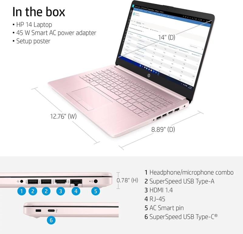 HP 14-Inch Laptop Thin Lightweight Powerful 4GB RAM 64GB Onboard Storage  1-Year AI Enabled Microsoft 365 Intel Pentium Core Windows 11, PINK