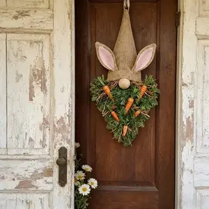 Easter Bunny Dwarf Door Decoration, Handmade Carrot Wreath, Rustic Farmhouse Spring Decor, Unique Home Kitchen Gift, Plastic Artificial Wood