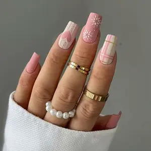 24pcs Long Square Nails Christmas Snowflake Heart Plaid Texture Press-On Nail Set, Includes Jelly Glue and Nail File, Nail Kit Set