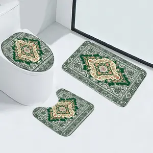 3pc Mystic-Totem Boho Light-Green Faux-Cashmere 100% Polyester BATH MAT COMBO: lid sleeve+foot U-pad+anti-slip square rug, toilet light absorb light slip-safe, fold-hook dry-fast, washroom/toilet flex lay, gentle-wash fade-free gift-ready Bath Mat Set