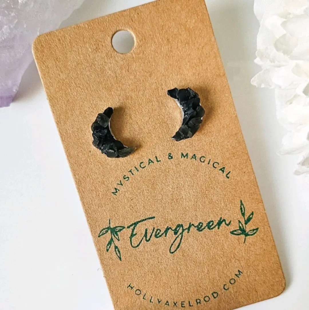 Black Obsidian Studs, Raw Crystal Earrings, Moon Shaped Earrings, Black Obsidian Moons, Volcanic Glass Earrings, Celestial Gifts, Handmade