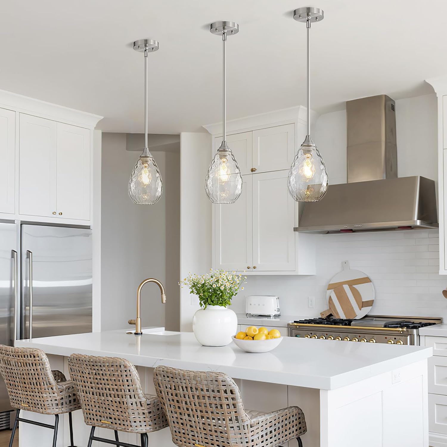 Glass Pendant Lights Kitchen Island, 1-Light Modern Brushed Nickel Fixtures with Hammered Glass & Rods Small Hanging Light for Kitchen Sink Dining Room Bathroom