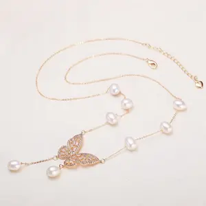 Natural Freshwater Pearl Necklace For Women Butterfly Design Tassel Pearl Pendant Versatile For Gifts