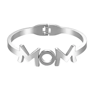 OIDEA Mom Engraved Open Bangle Bracelet for Women, Stainless Steel Mothers Day Birthday Anniversary Jewelry Gift